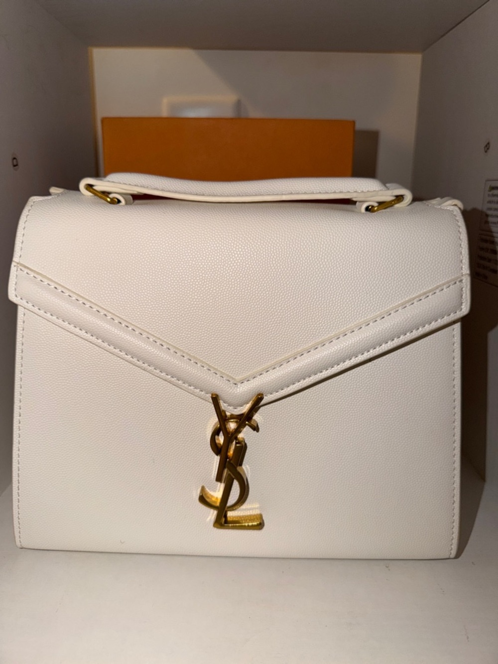 White Top-Handle Satchel with Gold YSL Logo